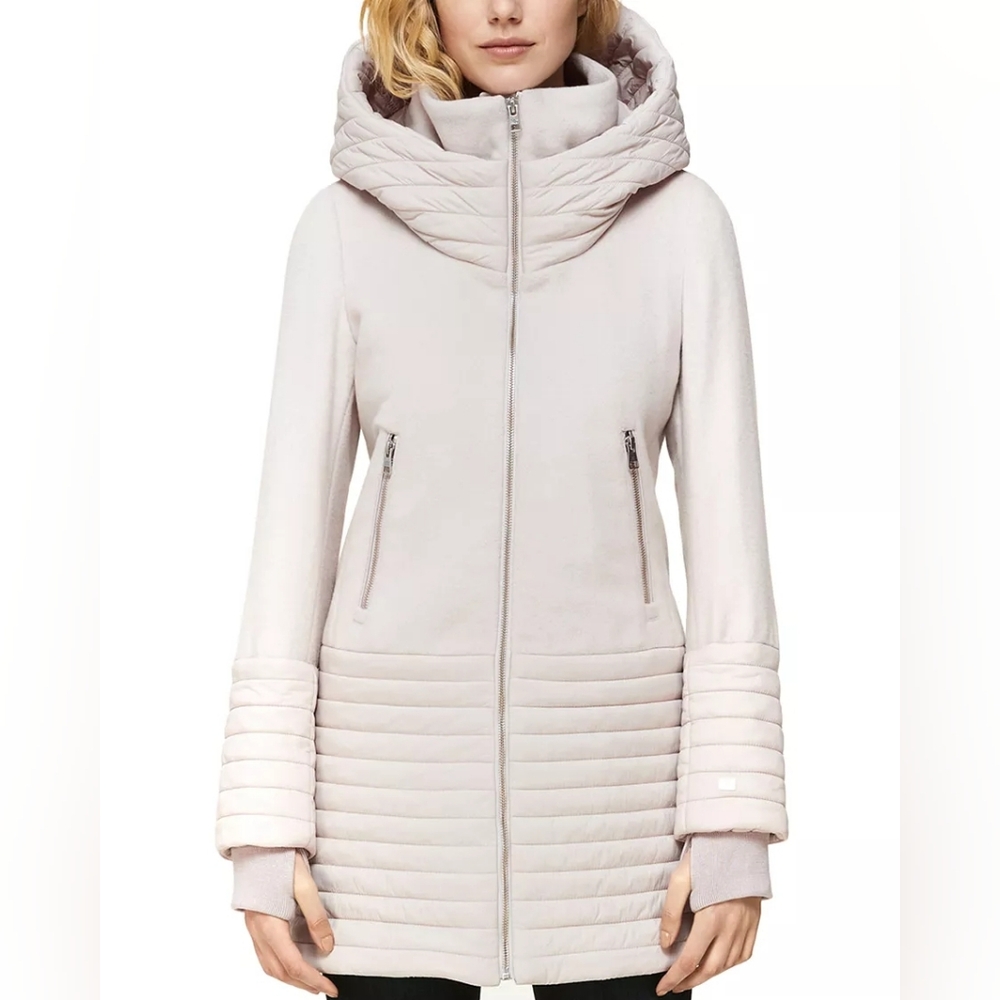 Soia & Kyo Avery Cream Mixed Media Wool Blend Hooded Coat Quilted - Large